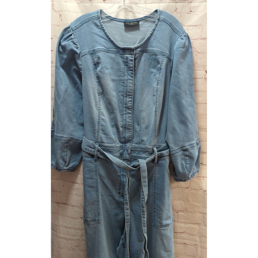 Lane Bryant blue jean romper 24S 24 short belted waist zip front wide leg 3/4slv - Picture 9 of 15